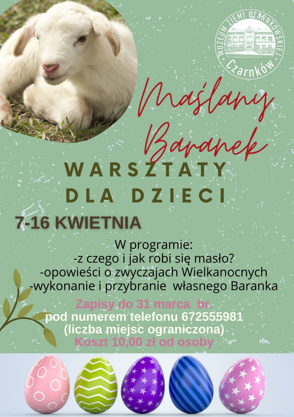 Treść plakatu na&nbsp;zielonym tle ze zdjęciem baranka i&nbsp;pisanek