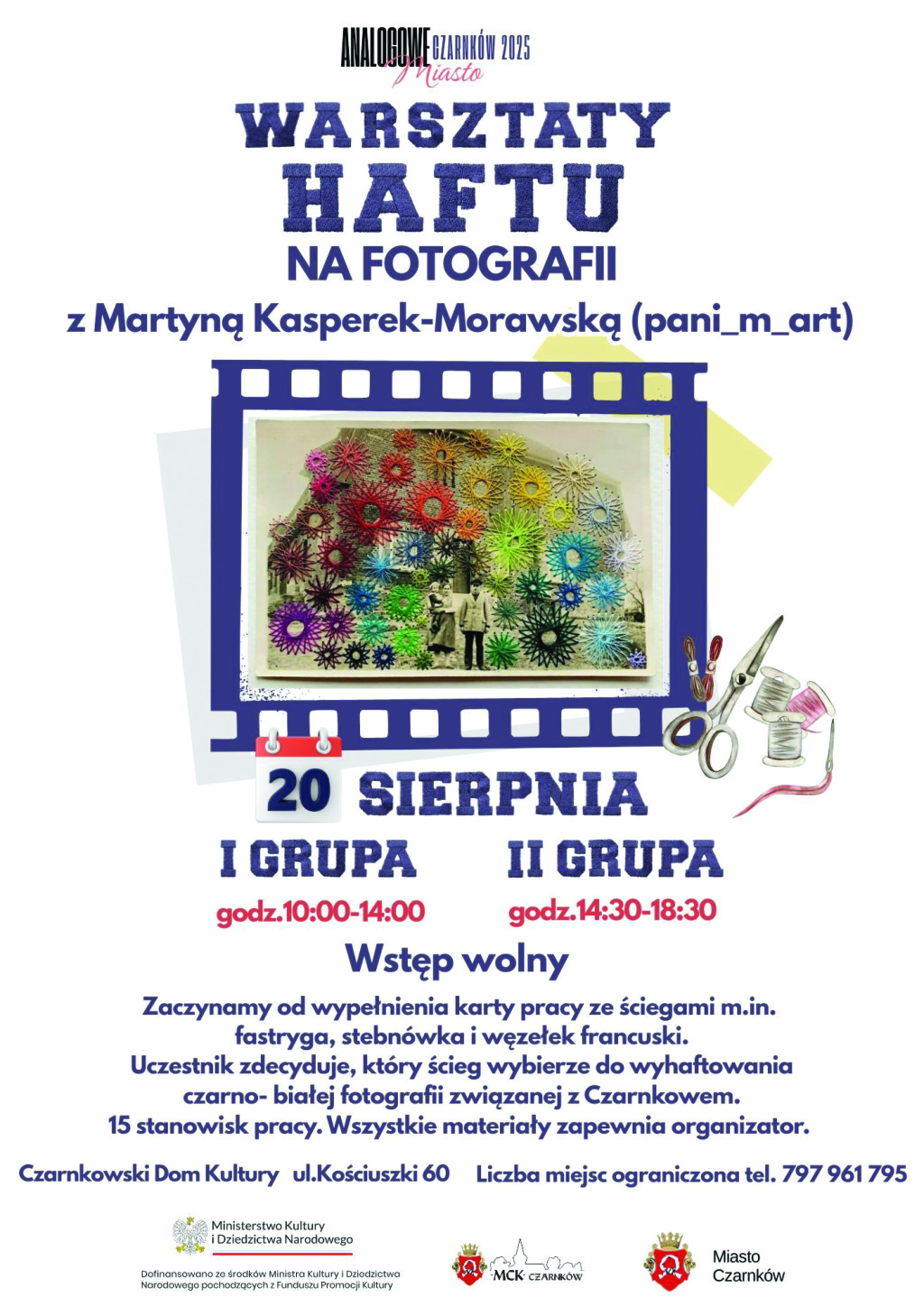 Treść plakatu z&nbsp;czarno &ndash; białą fotografią pokrytą kolorowym haftem