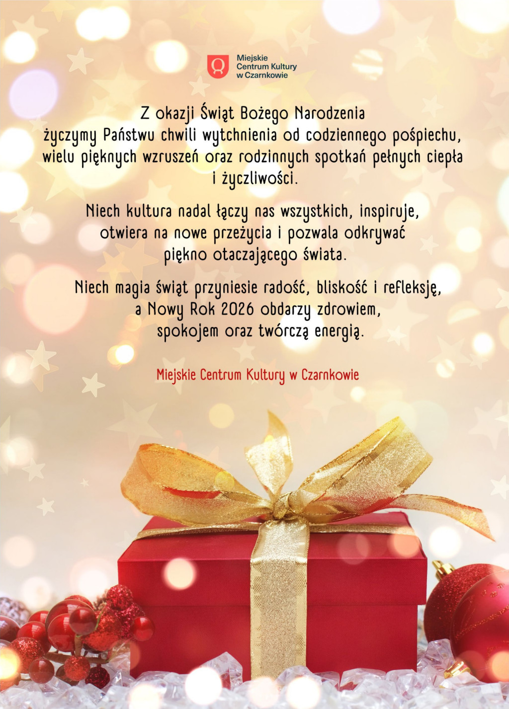 Życzenia świąteczne na&nbsp;tle grafiki prezentu i&nbsp;bombek