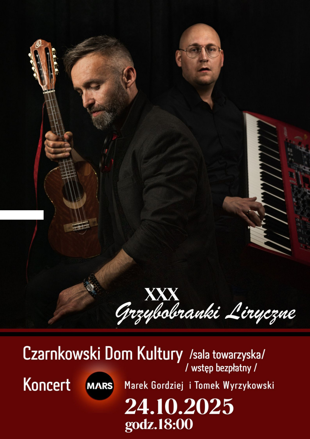 Treść plakatu ze zdjęciem mężczyzn, z&nbsp;kr&oacute;eych jeden trzyma gitarę, a&nbsp;drugi instrument klawiszowy