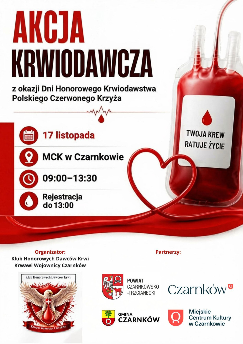 Treść plakatu z&nbsp;grafiką worka pełnego krwi z&nbsp;dołączoną rurką