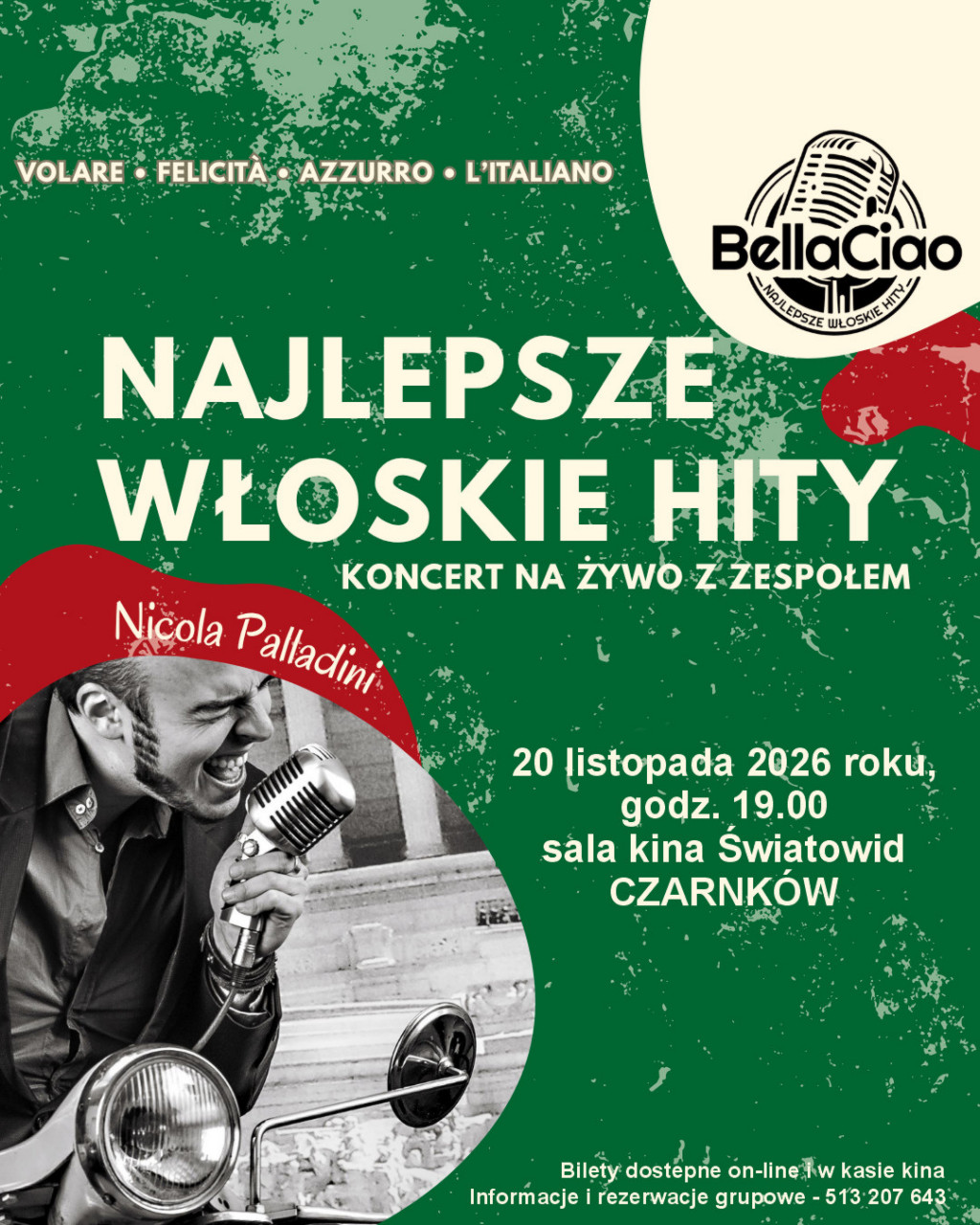 Treść plakatu z&nbsp;fotografią mężczyzny w&nbsp;planie amerykańskim śpiewającego do mikrofonu