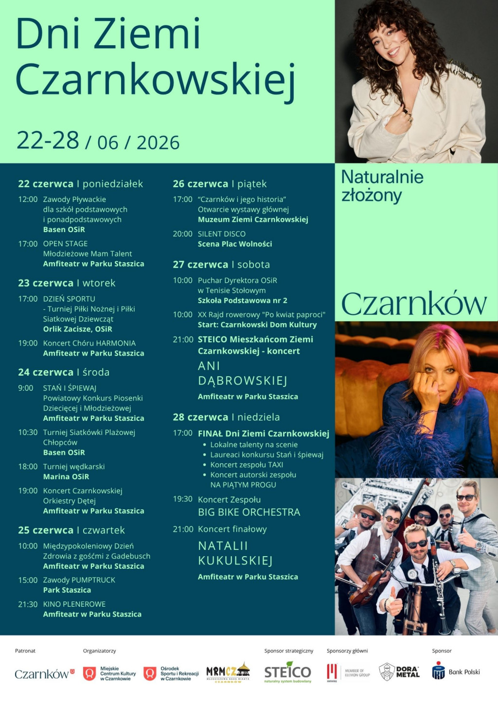 Dni Ziemi Czarnkowskiej 2026 Treść plakatu ze zdjęciami Natalii Kukulskiej, Ani Dąbrowskiej i zespołu Big Bike Orchestra