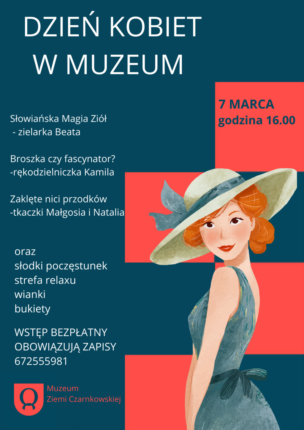 Treść plakatu opatrzona grafiką kobiety w&nbsp;planie średnim ubraną w&nbsp;suknię i&nbsp;kapelusz