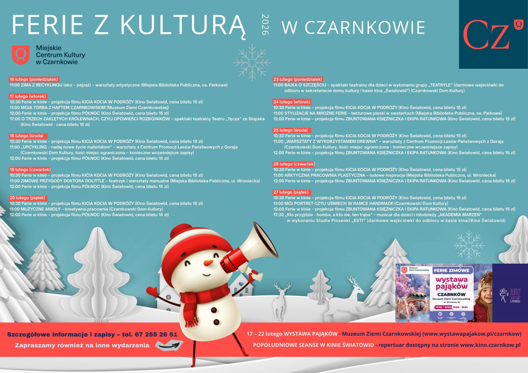 Treść plakatu na&nbsp;tle grafiki z&nbsp;zimowym pejzażem i&nbsp;bałwanem m&oacute;wiącym do megafonu