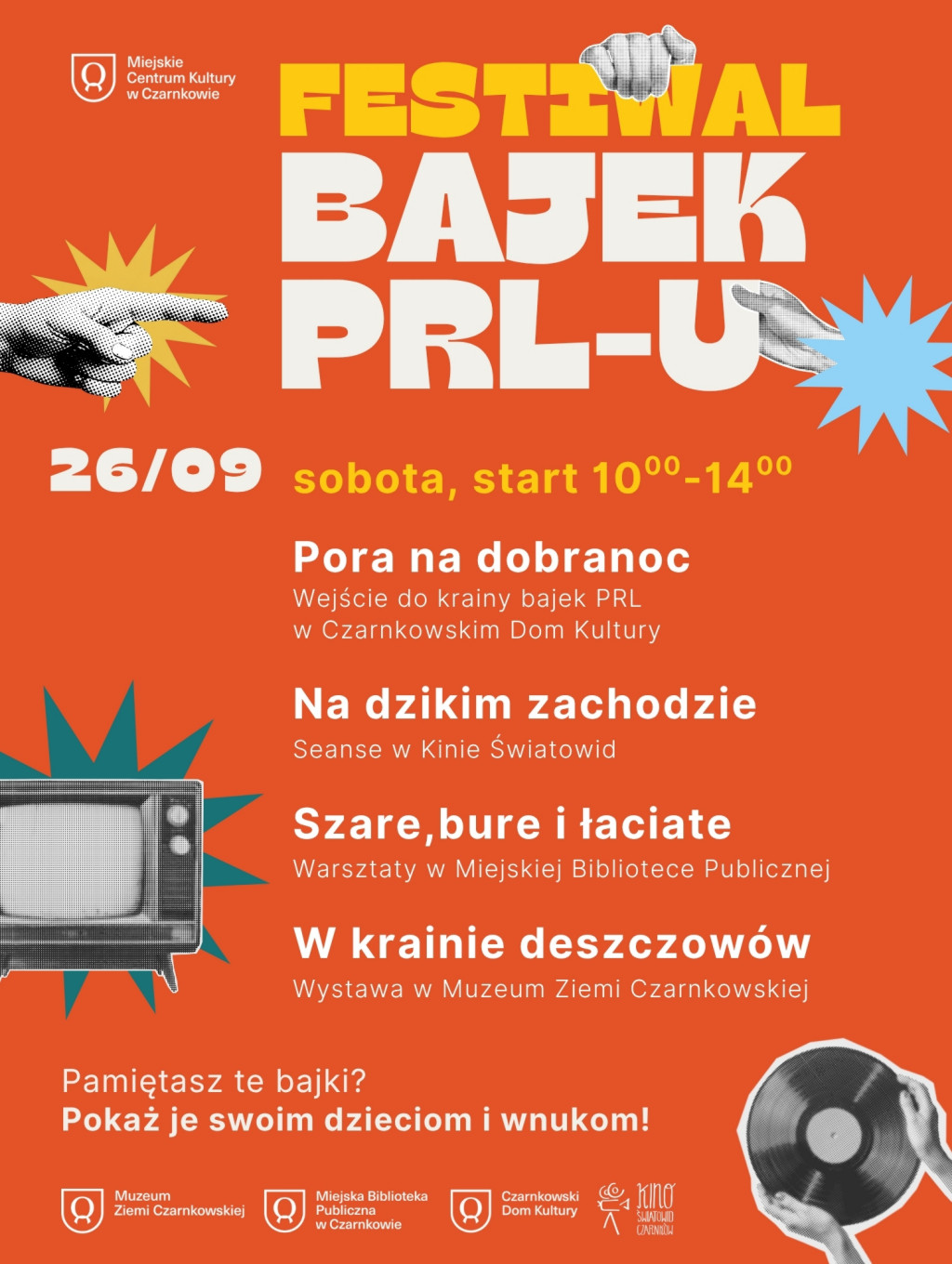 Treść plakatu z&nbsp;fotografiami płyty winylowej i&nbsp;telewizora z&nbsp;kineskopem