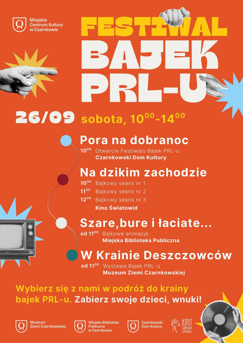 Treść plakatu z&nbsp;fotografiami płyty winylowej i&nbsp;telewizora z&nbsp;kineskopem