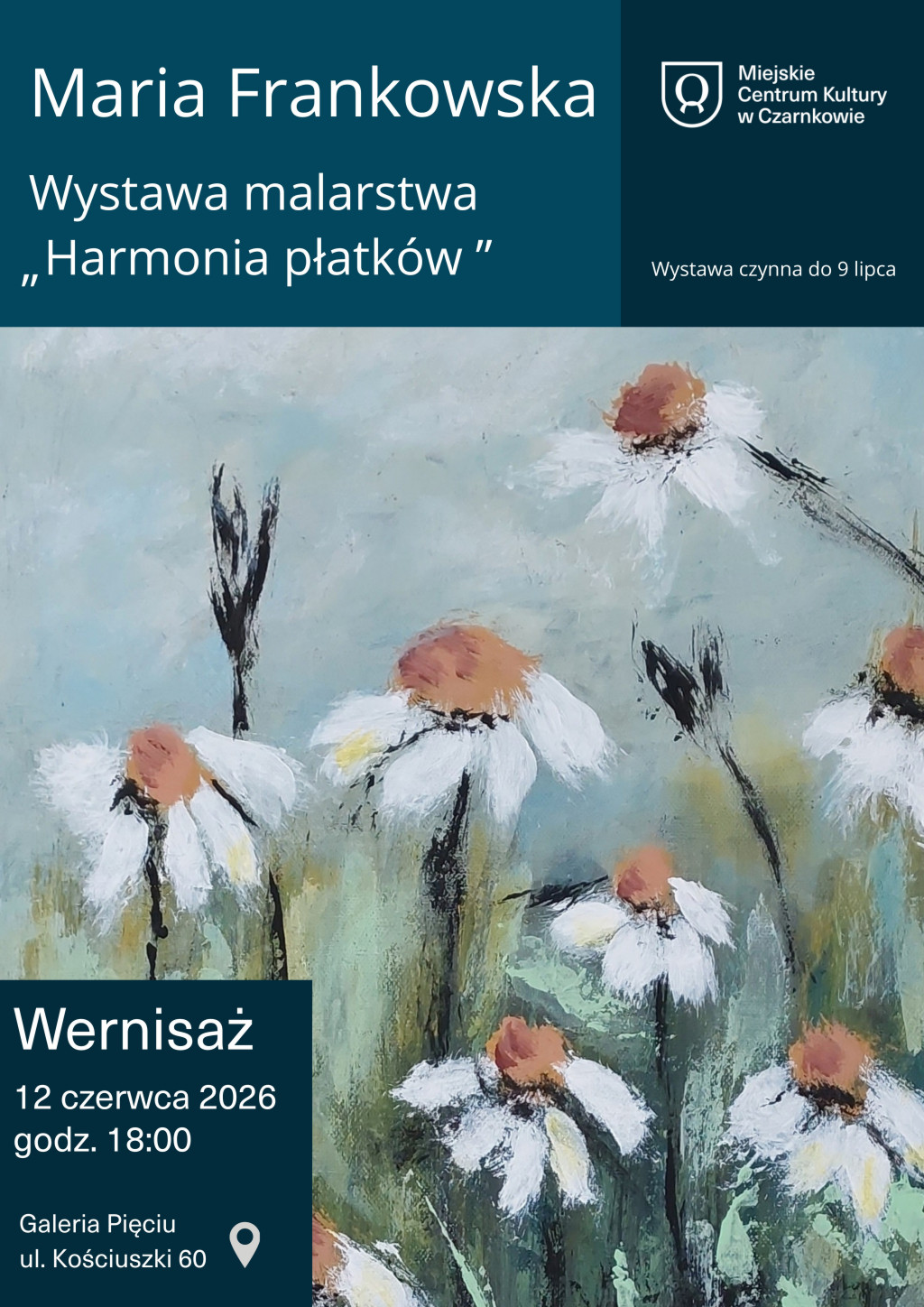 Treść plakatu na&nbsp;tle kwiat&oacute;w o&nbsp;jasnobrązowych środkach i&nbsp;opadających w&nbsp;d&oacute;ł białych płatkach