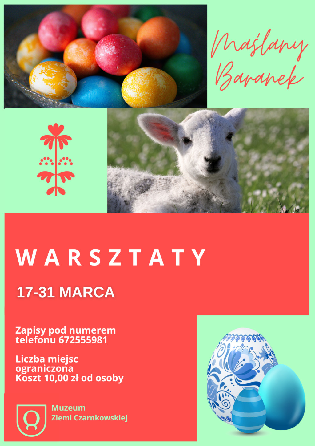 Treść plakatu opatrzona fotografiami pisanek i&nbsp;baranka
