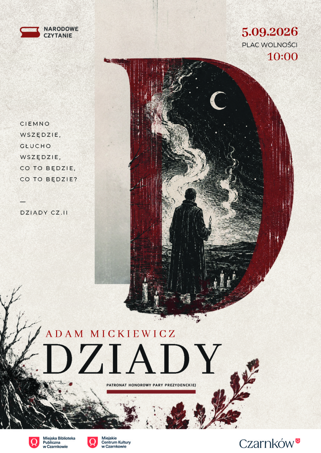 Treść plakatu zilustrowana rysunkiem widzianej od tyłu postaci w&nbsp;długim płaszczu trzymającej świecę na&nbsp;tle nocnego nieba
