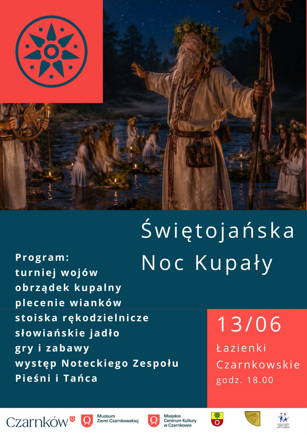 Treść plakatu na&nbsp;tle grafiki przedstawiającego żercę i&nbsp;panny spławiające wianki