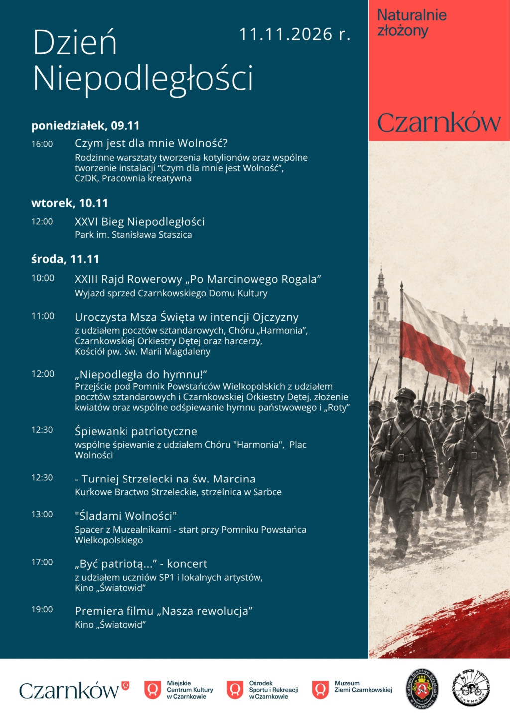 Treść plakatu opatrzona zdjęciem maszerujących żołnierzy z&nbsp;polską flagą