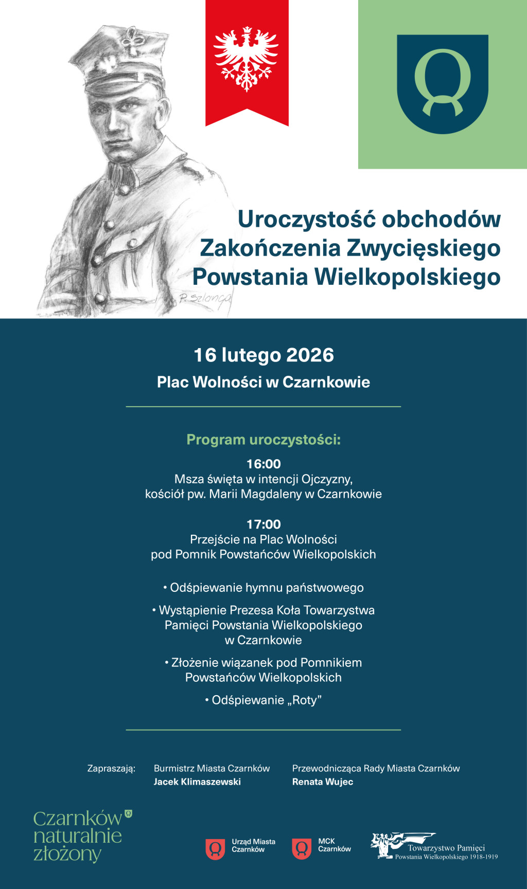 Treść plakatu z&nbsp;grafiką powstańca w&nbsp;planie średnim oraz&nbsp;flagą Powstania Wielkopolskiego
