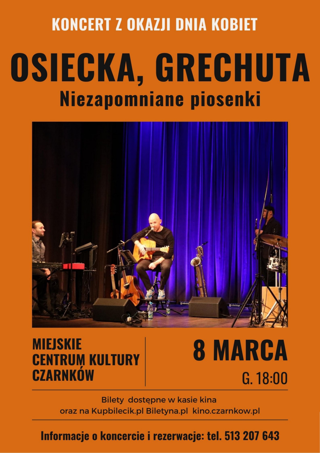 Treść plakatu opatrzona fotografią trzech mężczyzn na&nbsp;cenie: pierwszy siedzi przed elektronicznym pianinem, drugi siedzi z&nbsp;gitarą, trzeci stoi z&nbsp;gitarą