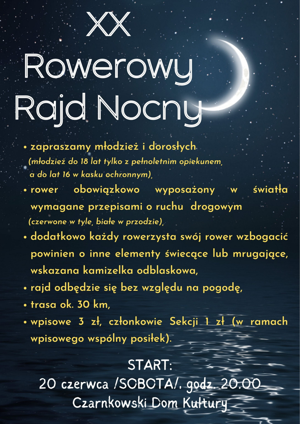 Treść plakatu na&nbsp;tle nocnego nieba z&nbsp;gwiazdami i&nbsp;sierpem księżyca
