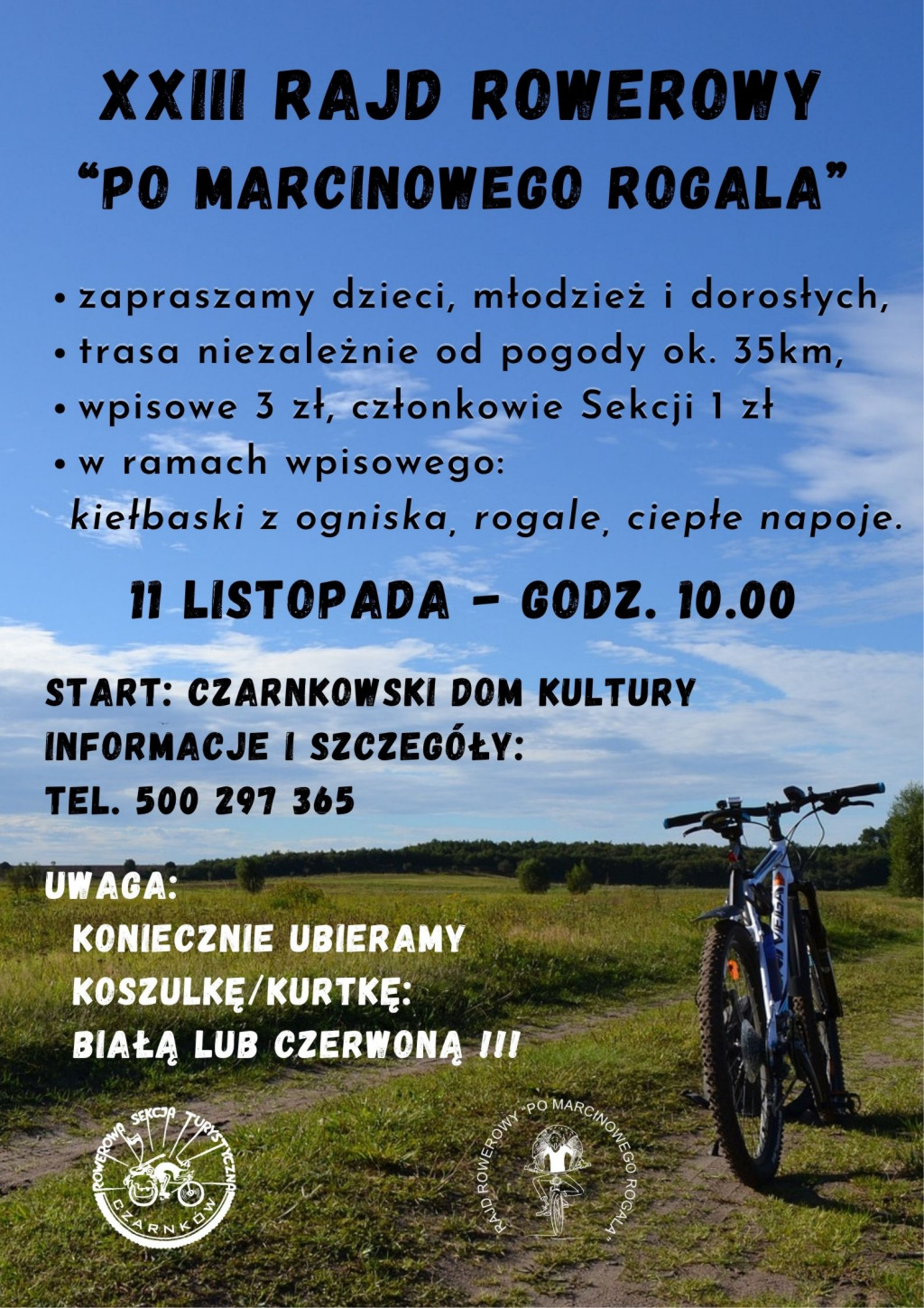 Treść plakatu z&nbsp;fotografią roweru na&nbsp;tle grunroweg drogi, łąki i&nbsp;lasu