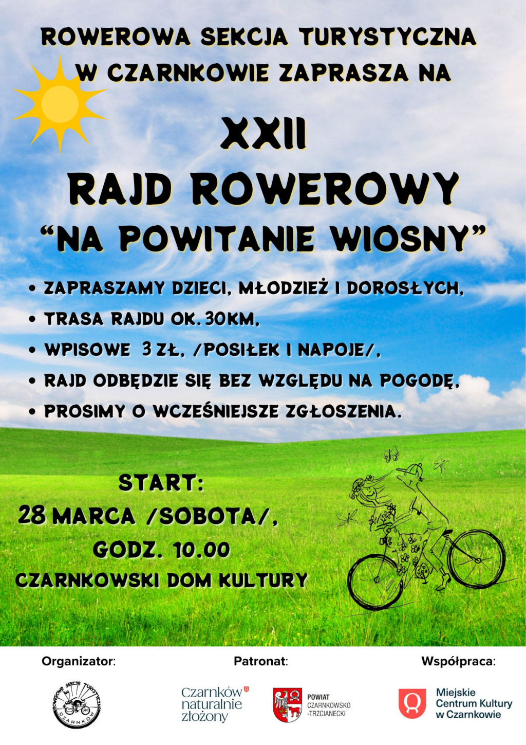 Treść plakatu z&nbsp;grafiką mężczyzny wiozący kobietę na&nbsp;ramie roweru po wiosennej łące