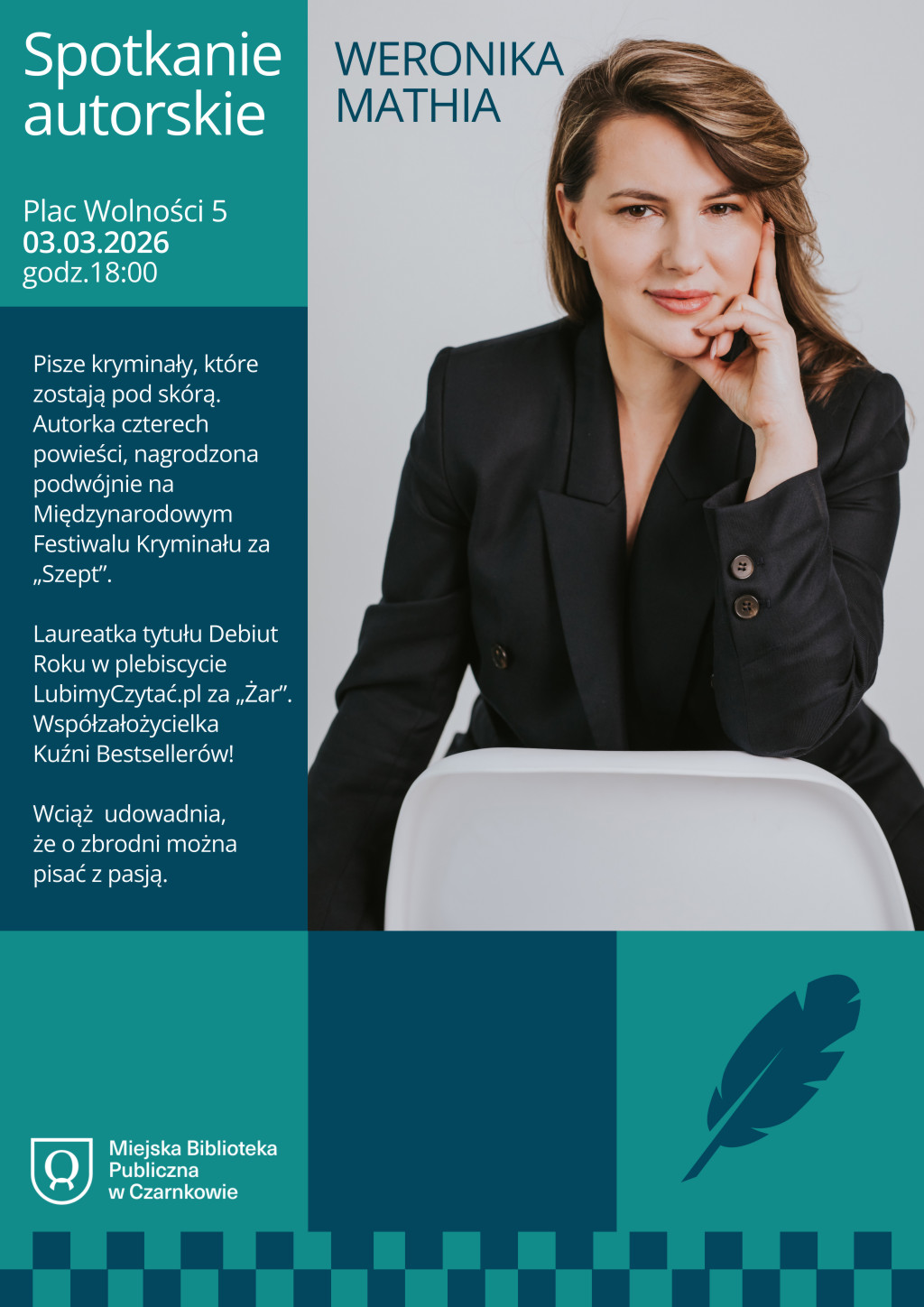Treść plakatu z&nbsp;fotografią Weroniki Mathia w&nbsp;planie średnim