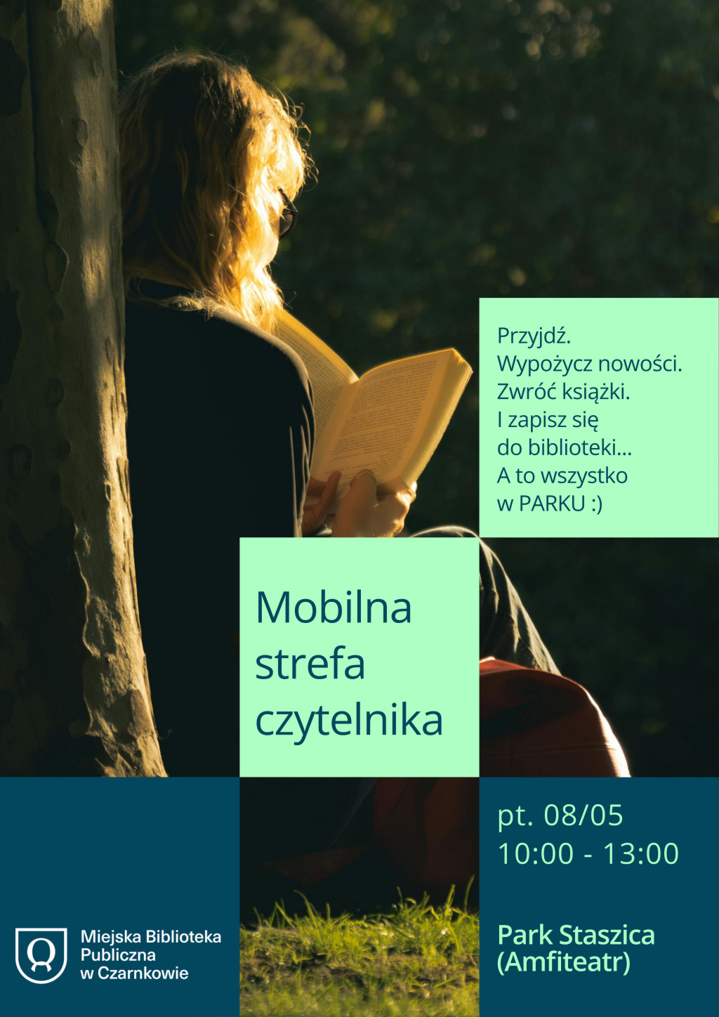 Treść plakatu wpleciona w&nbsp;zdjęcie osoby opartej o&nbsp;drzewo i&nbsp;czytającej książkę