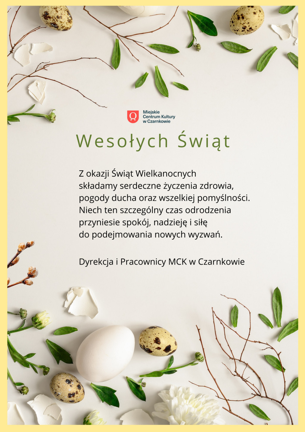 Treść życzeń na&nbsp;tle jajek i&nbsp;gałązek