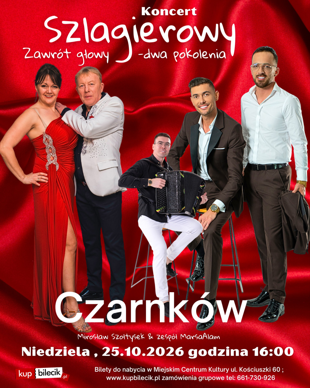 Treść plakatu z&nbsp;fotografią kobiety i&nbsp;czterech mężczyzn, z&nbsp;kt&oacute;rych jeden trzyma w&nbsp;rękach akordeon
