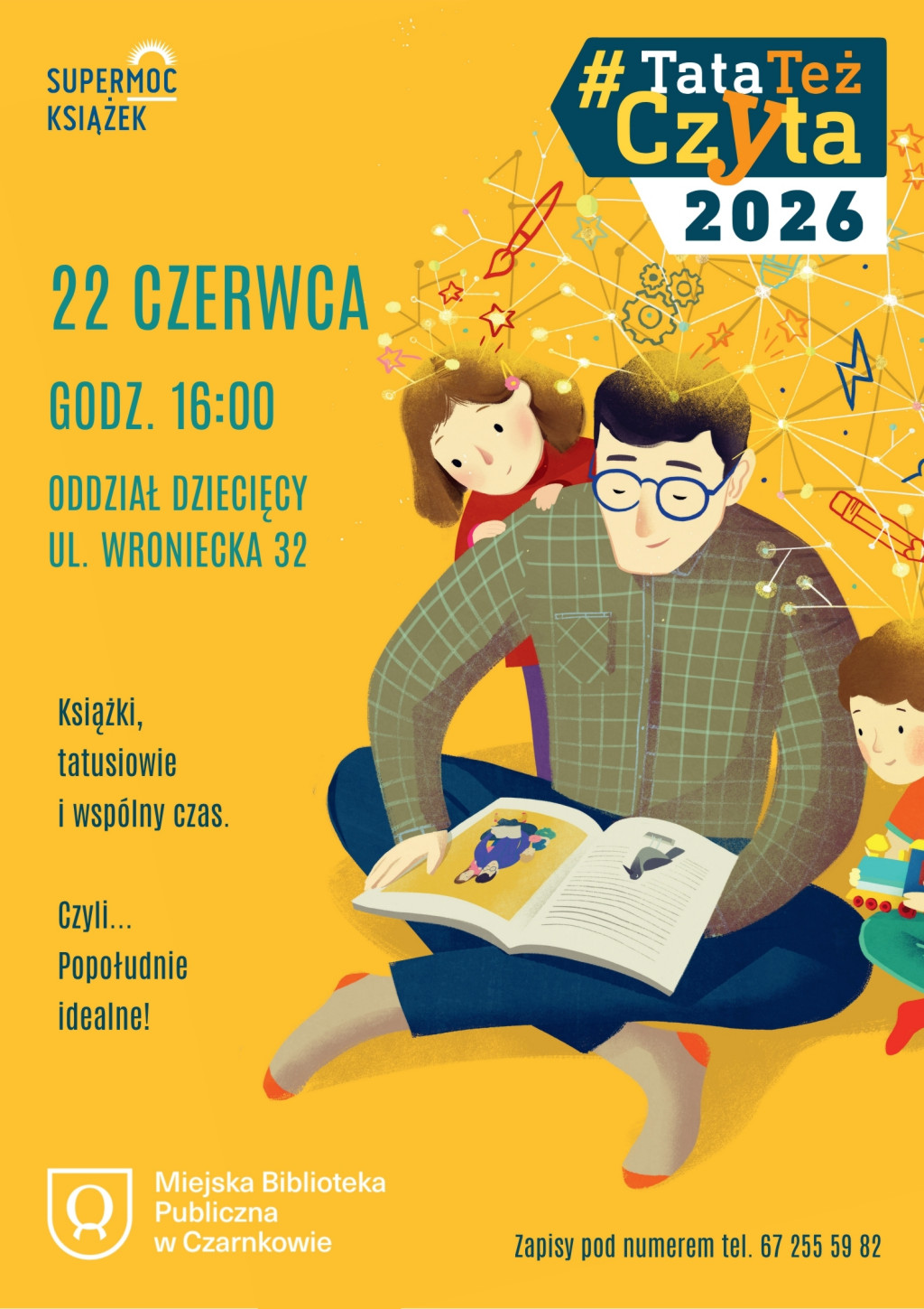 Treść plakatu z&nbsp;grafiką mężczyzny czytającego dwojgu dzieci