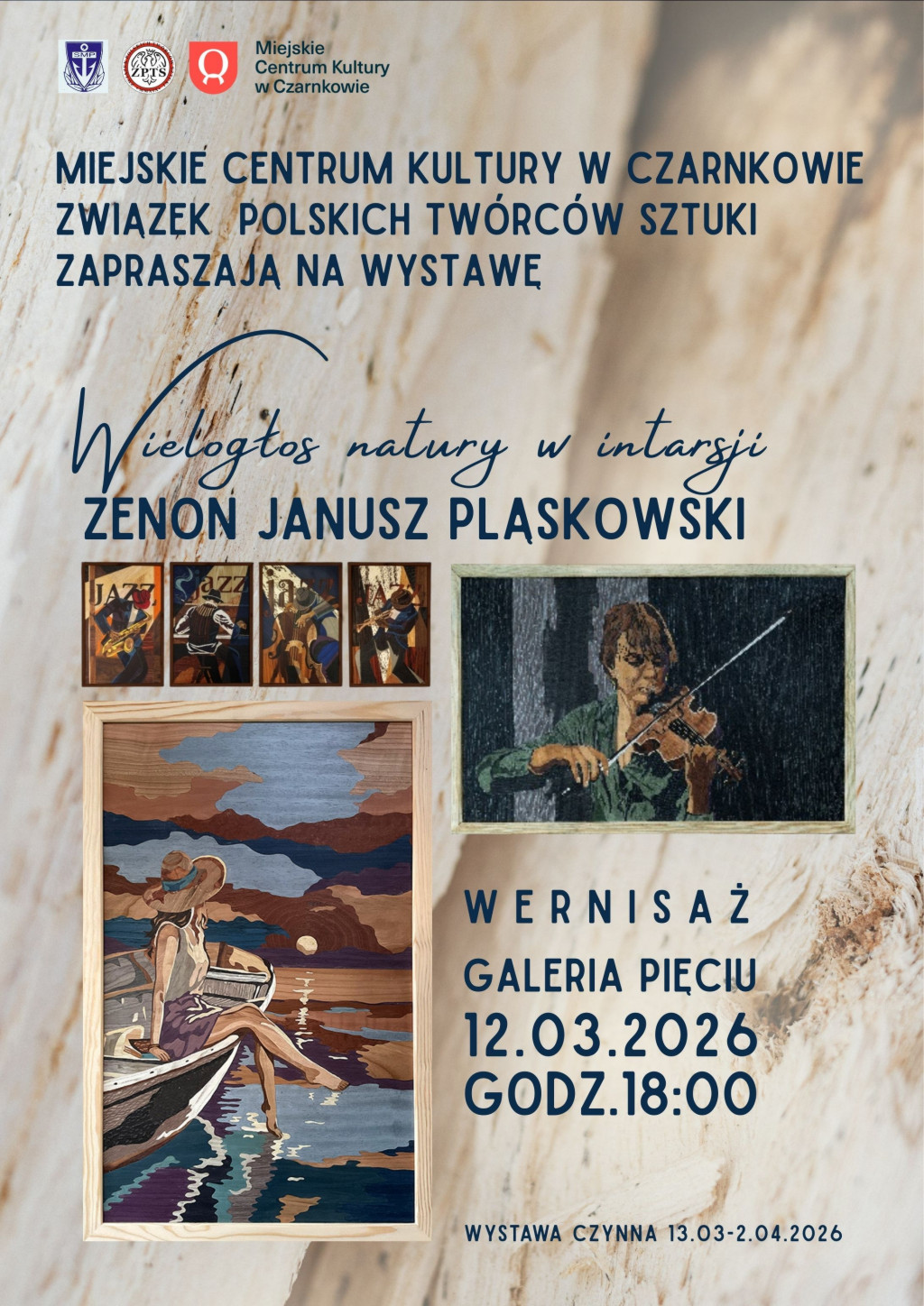 Treść plakatu okraszona obrazami postaci grających na&nbsp;r&oacute;żnych instrumentach i&nbsp;kobiety siedzącej na&nbsp;burcie ł&oacute;dki przy zachodzie słońca