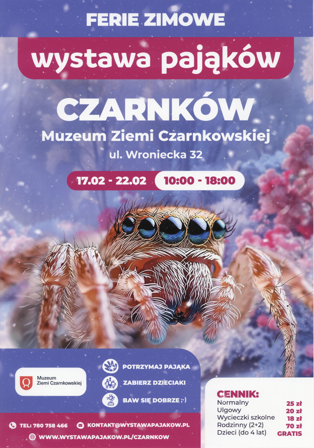 Treść plakatu opatrzona fotografią pająka