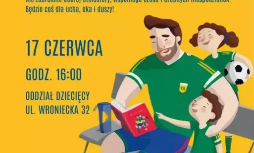 Treść plakatu z rysunkiem czytającego książkę mężczyzny siedzącego z chłopcem na ławce, kobieta stoi za ławką