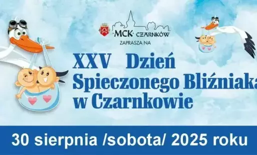 Plansza XXV Dnia Spieczonego Bliźniaka z daąa wydarzenia i grafikami bocianów z bliźniakami w dziobach