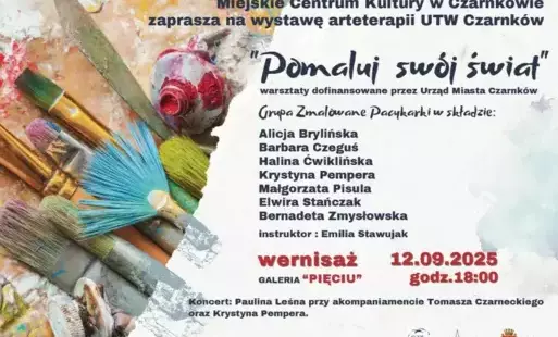 Treść plakatu ze zdjęciem przyborów malarskich w postaci farb, pędzli i szpachelki