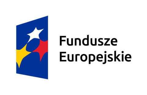 Trzy gwiazdy pięcioramienne - biała, żółta i czerowona - umieszczone w niebieskim prostokącie i napis Fundusze Europejskie
