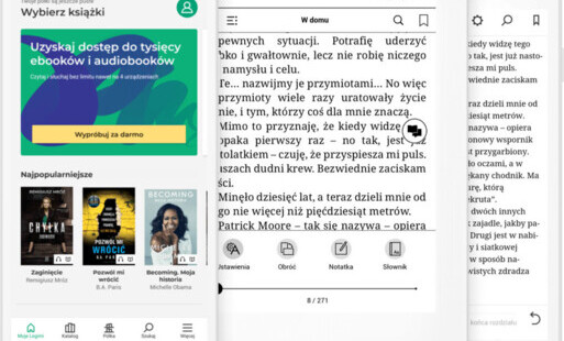 Grafika smartfona, czytnika ebooków i tabletu z propzycjami i fragmentem treści książek