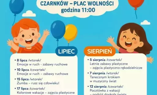 Treść plakatu z grafiką uśmiechniętych dzieci, baloników, latawca, chmur i słońca na tle błękitnego nieba