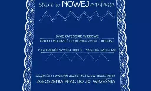 Biała treść plakatu na niebieskim tle z białą ramką w postaci haftu
