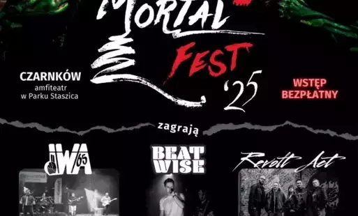 Treść plakatu na czarnym tle ze zdjęcia zespołów i logami sponsorów