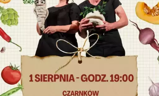 Treść plakatu z fotografią dwojga ludzi trzymających korzeń pietruchy i selera stylizowane na postacie