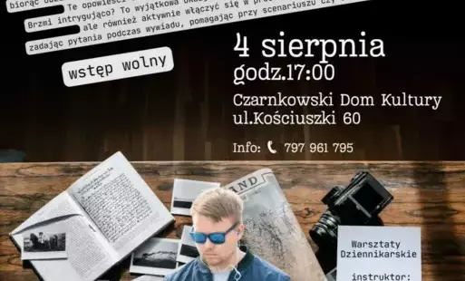 Treść plakatu z notesem, zdjęciami, mapą, aparatem fotograficznym, maszyną do pisania i mężczyzną z mikrofonem w ręku i słuchawkami na uszach w formie kolażu