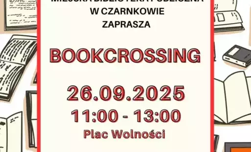 Treśc plakatu na tle grafiki porozrzucanych otwartych i zamkniętych książek