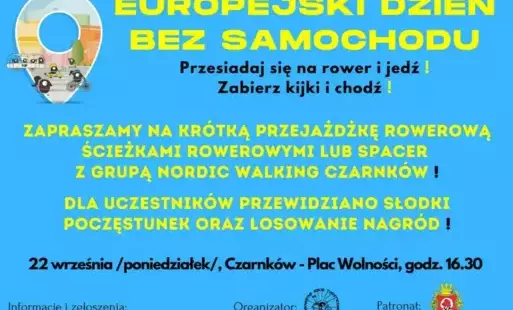 Treść plakatu z grafiką osób chodzących pieszo, jeżdżących na rowerze i hulajnodze oraz poruszających się transportem zbiorowym