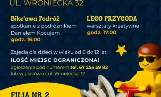 Treść plakatu na tle klocków lego ułożonych w rowerzystę i budynek opery w auralijskim Sydney