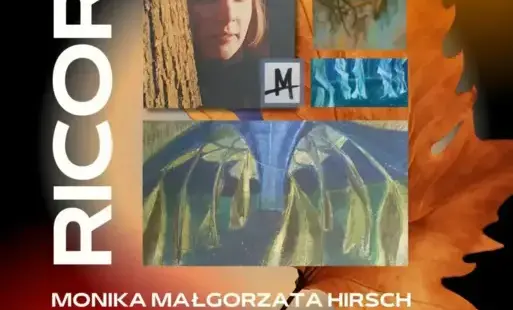 Treść plakatu z portretową fotografią kobiety i trzema obrazami przedstawiającymi w artystyczny sposób rośliny