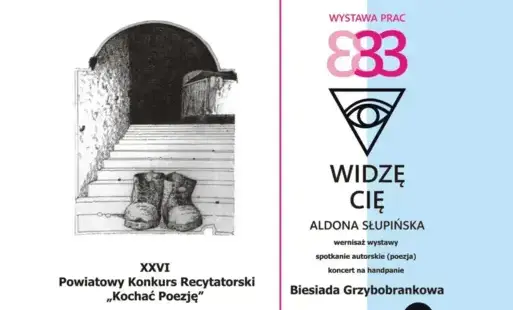 Treść plakatu z grafikami butów stojących na schodach oraz okiem zamkniętym w trójkącie