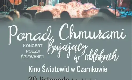 Treść plakatu na tle fotografii koncertującego zespołu