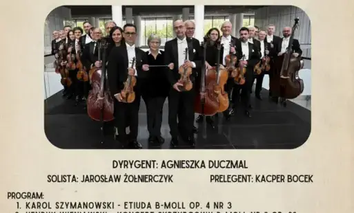 Treść plakatu opatrzona fotografią orkiestry