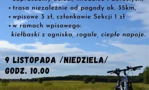 Treść plakatu na zdjęcia roweru stojącego na gruntowej drodze przy polu
