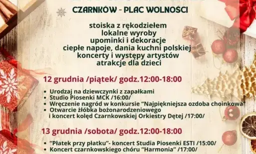 Treść plakatu w ramce złożonej z ozdób świątecznych
