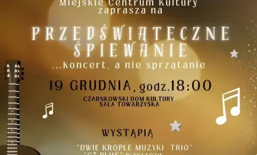 Treść plakatu opatrzona grafikami w postaci świątecznych ozdób, nut, gitary i świerków