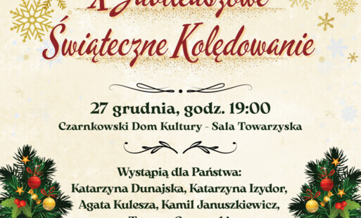 Treść plakatu ze świątecznymi ozdobami oraz św. Mikołajem i bałwanem