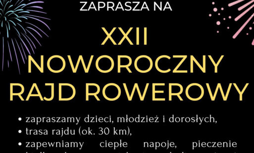 Treść plakatu grafiką wybuchających fajerwerków i logami Rowerowej Sekcji Turystycznej i Noworocznego Rajdu Rowerowego